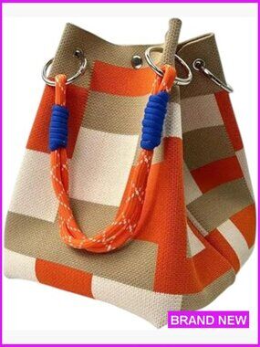 Canvas Color Block Bucket Bag Rope Handle Tote Travel Handbag